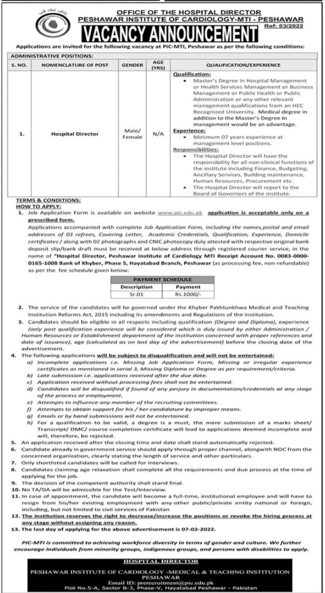 Jobs At Peshawar Institute Of Cardiology MTI Peshawar 2022