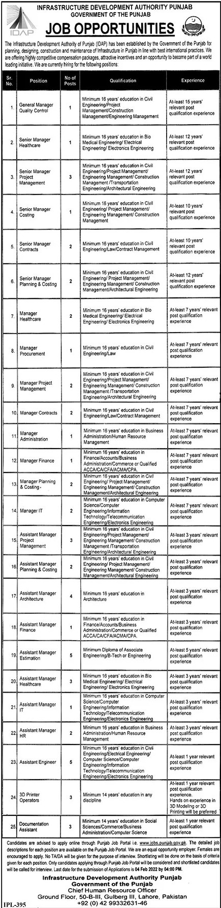 Jobs At Infrastructure Development Authority of Punjab 