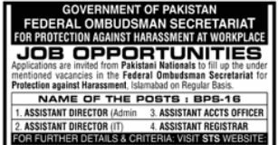 Jobs In Federal Ombudsman Secretariat