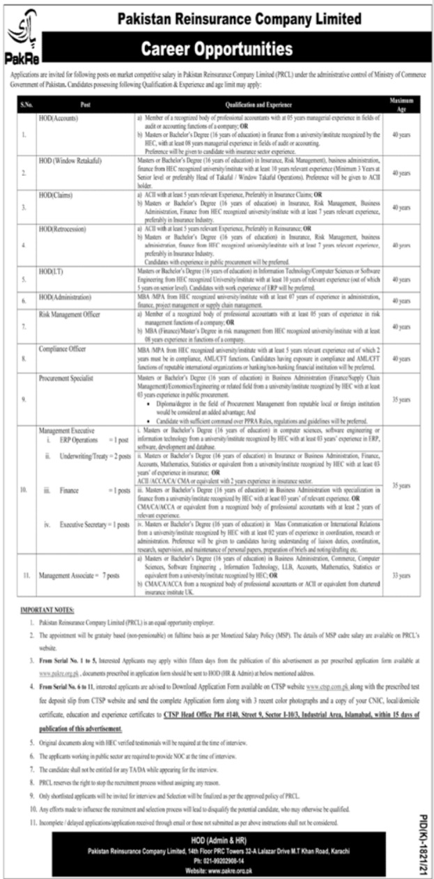 Pakistan Reinsurance Company Limited Jobs 2021