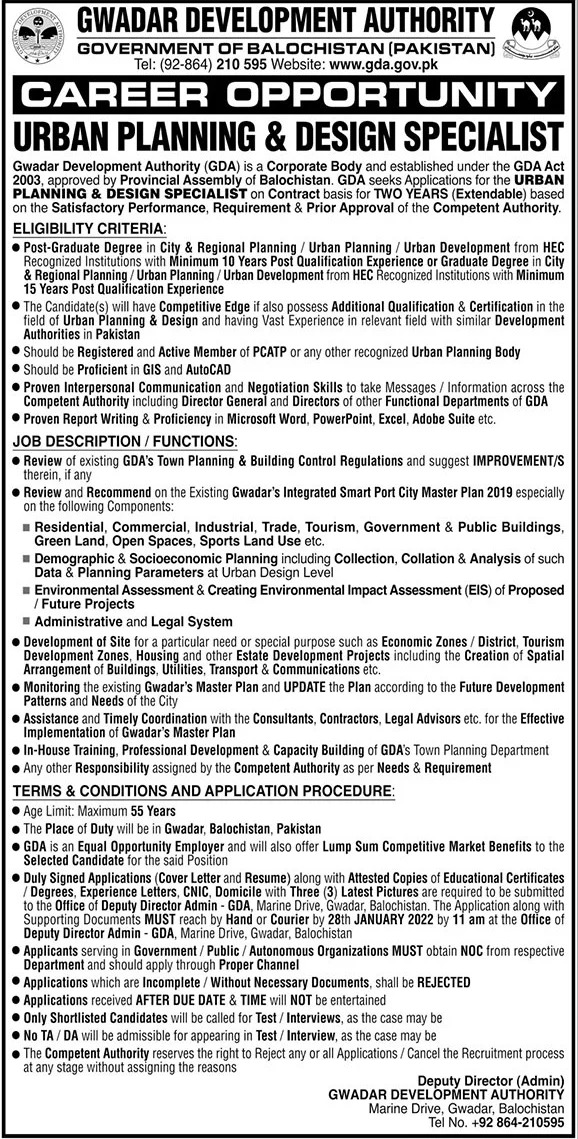 Jobs In Gwadar Development Authority Government 