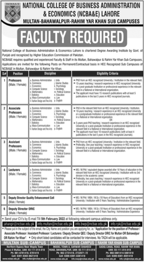 Jobs At National College of Business Administration & Economics 