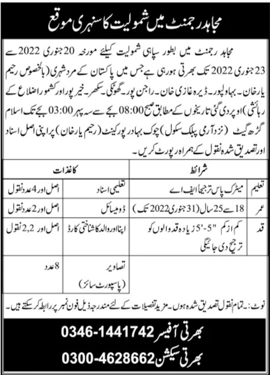 Soldier Jobs in Pakistan Army 2022