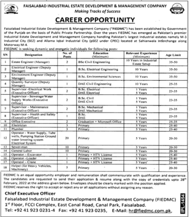 Faisalabad Industrial Estate Development and Management Company Jobs