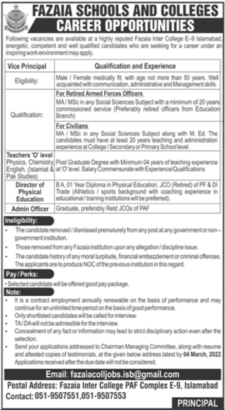 Jobs At Fazaia Schools And Colleges Islamabad