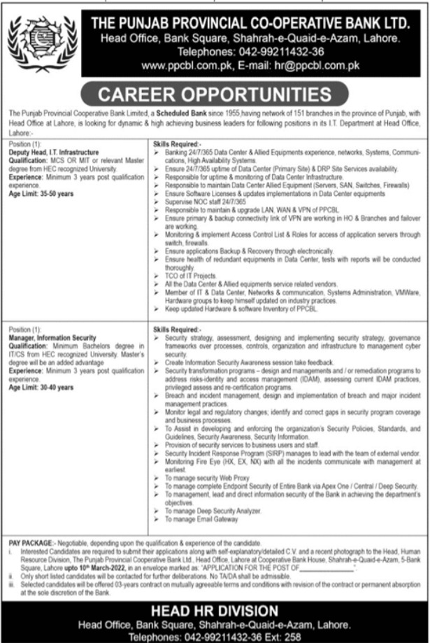 The Punjab Provincial Co-operative Bank Limited Jobs At Lahore 