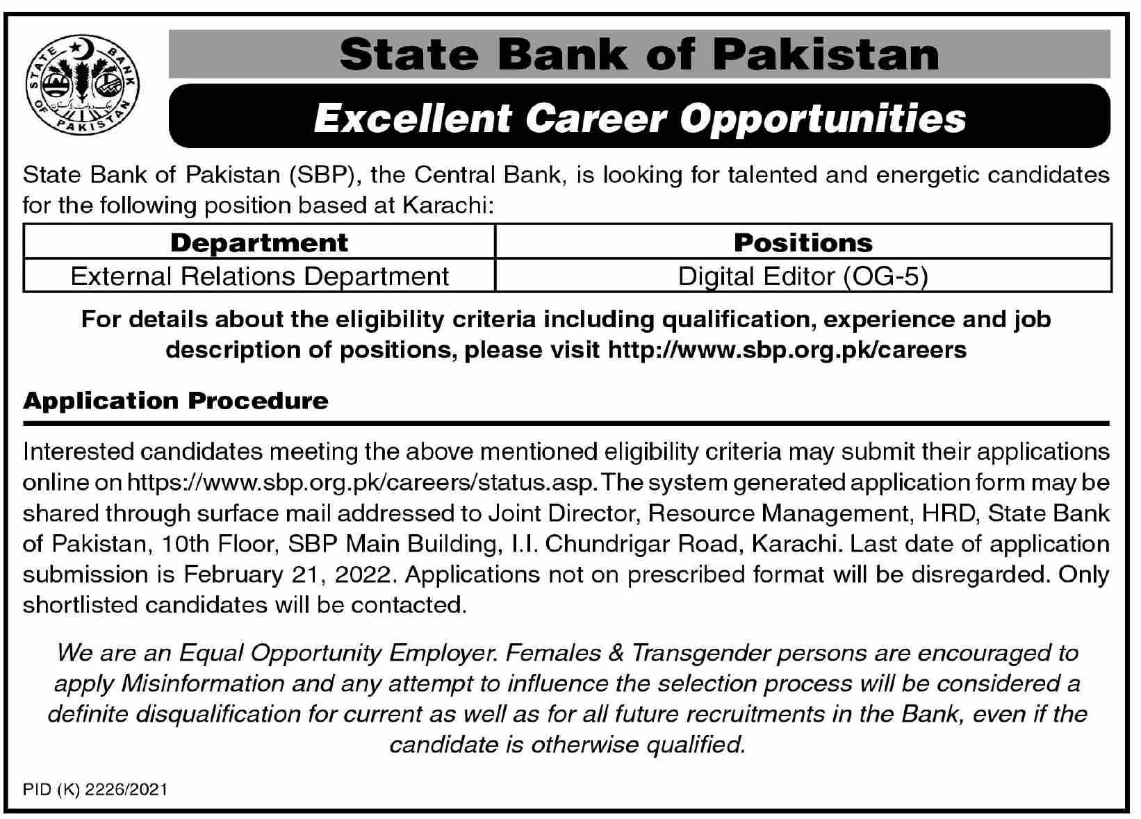 Career Opportunities at State Bank of Pakistan