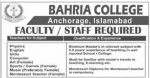Jobs Required At Bahria College Islamabad