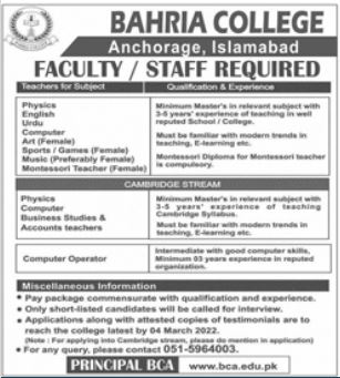 Jobs Required At Bahria College Islamabad