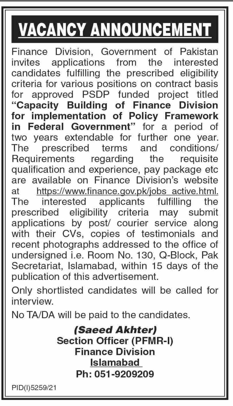 Career Opportunities at Finance Division Government Of Pakistan