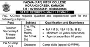 Fazaia Inter College Korangi Karachi Jobs 2022