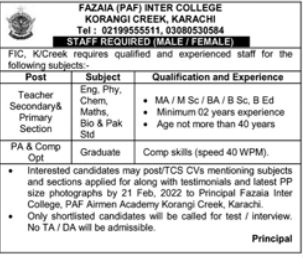 Fazaia Inter College Korangi Karachi Jobs 2022