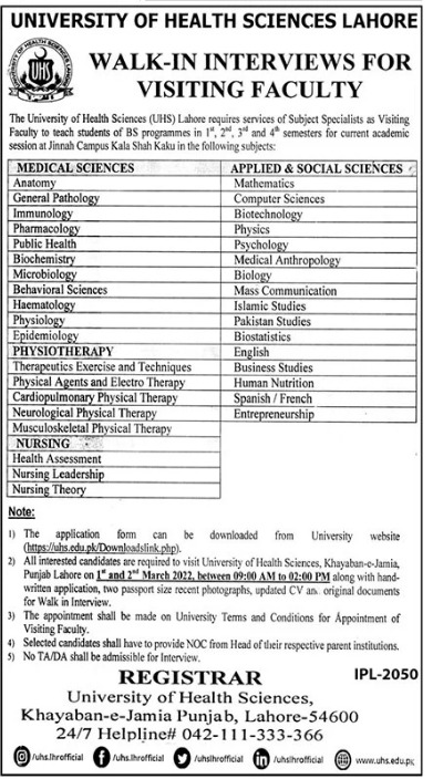 Visiting Faculty at University of Health Sciences Lahore
