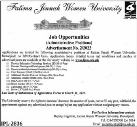 Job Opportunities At Fatima Jinnah Women University Rawalpindi