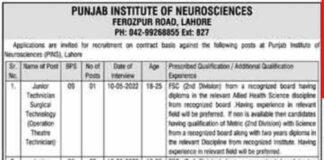 Jobs At Punjab Institute of Neurosciences PINS Lahore