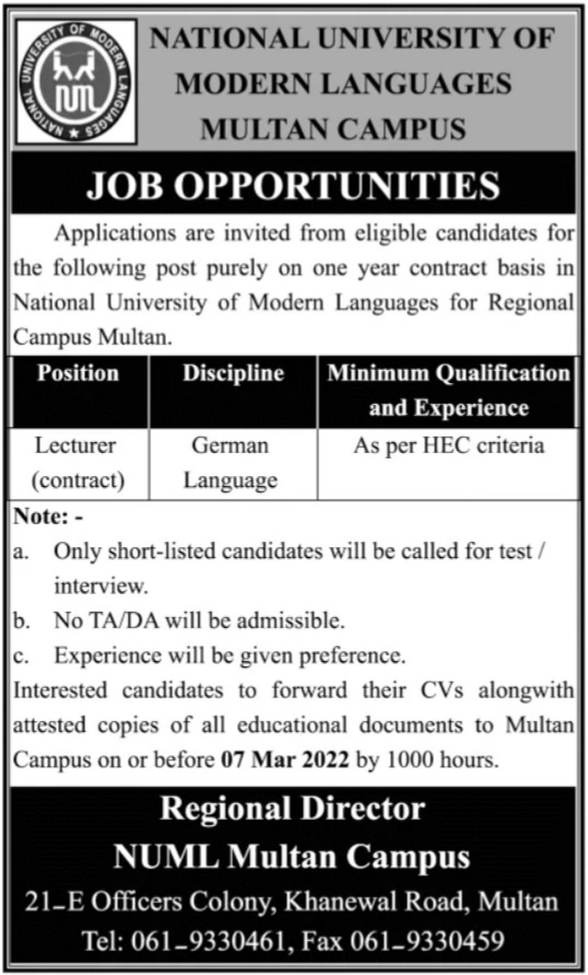 Career Opportunities At National University of Modern Languages NUML Multan