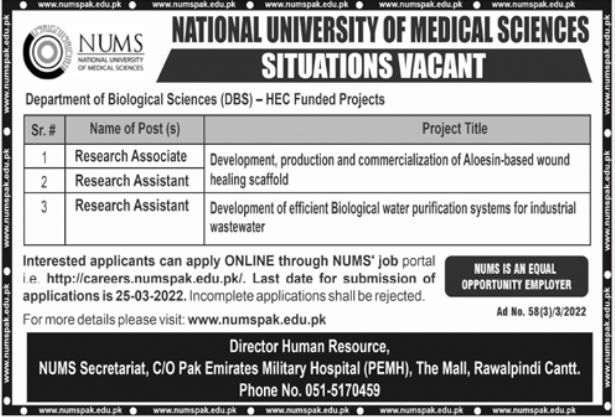 Career Opportunities At National University of Medical Sciences NUMS Rawalpindi