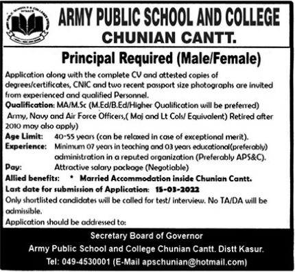 Faculty Jobs At Army Public School and College