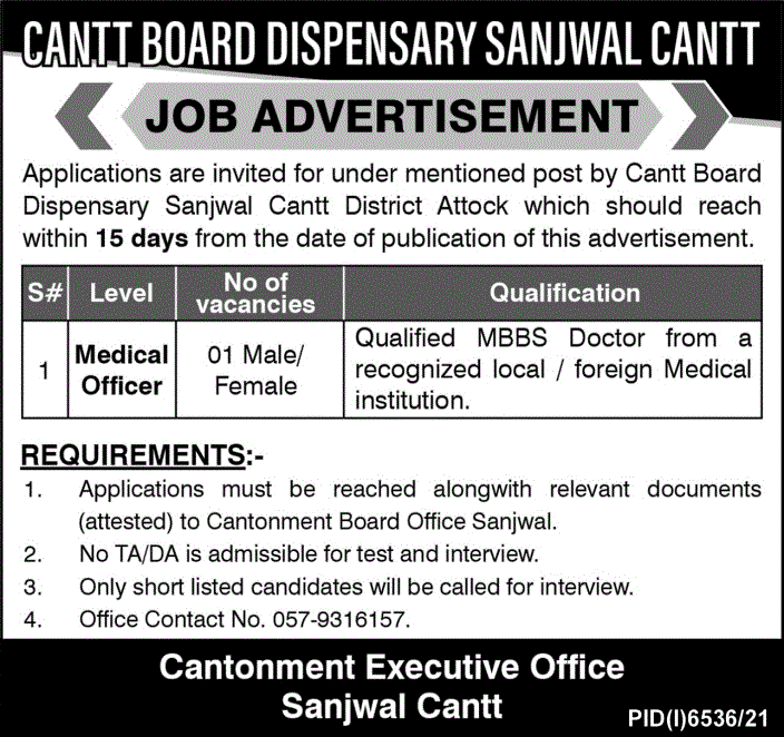 Job Opportunity At Cantt Board Dispensary