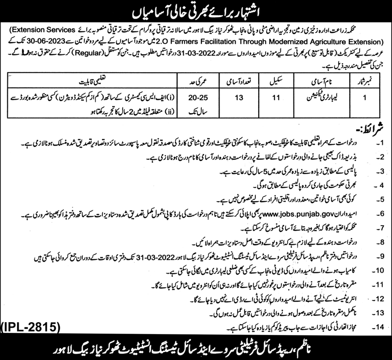 Job Announced At Agriculture Department Lahore