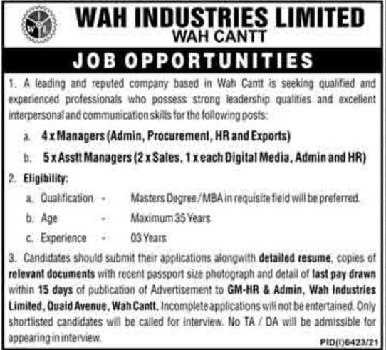 Jobs in Wah Industries Limited 2022