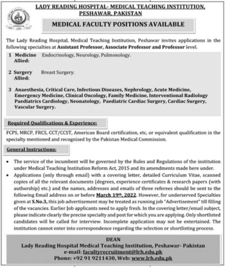 Faculty Positions At Medical Teaching Institution MTI Peshawar