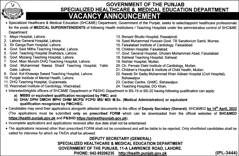 Jobs At Healthcare and Medical Education Department Lahore