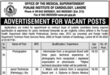 Jobs Announced In Punjab Institute of Cardiology Lahore