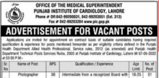 Jobs Announced In Punjab Institute of Cardiology Lahore