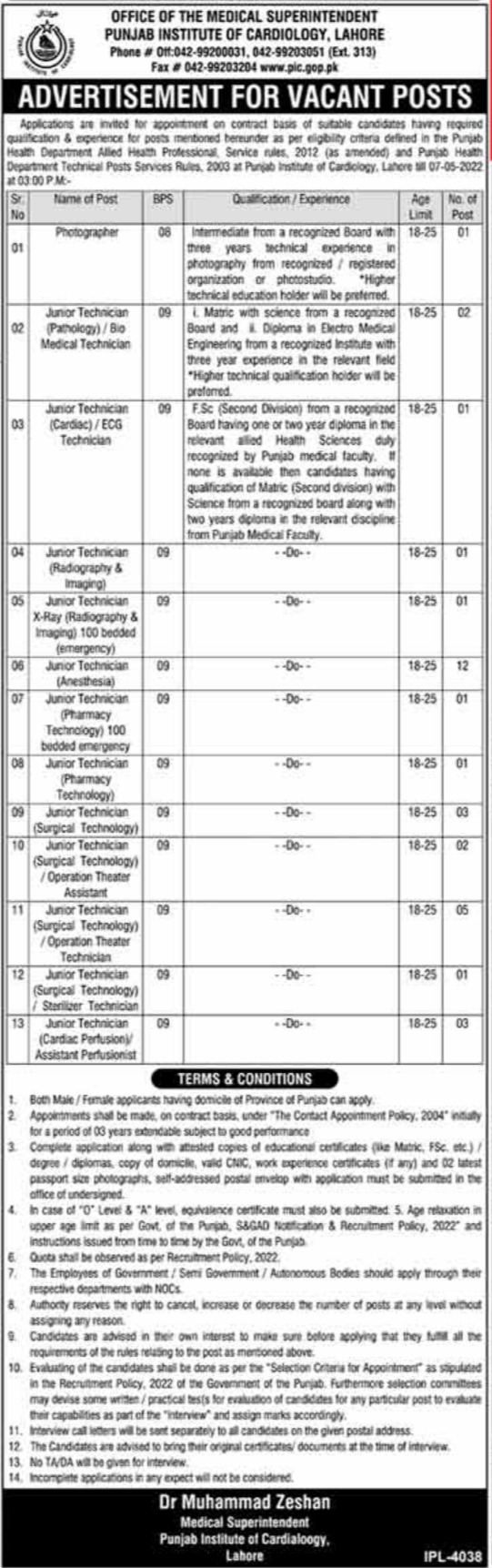 Jobs Announced In Punjab Institute of Cardiology Lahore