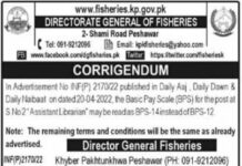 Directorate General of Fisheries Peshawar Jobs 2022