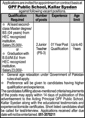 Teaching Jobs At OPF Public School Kallar