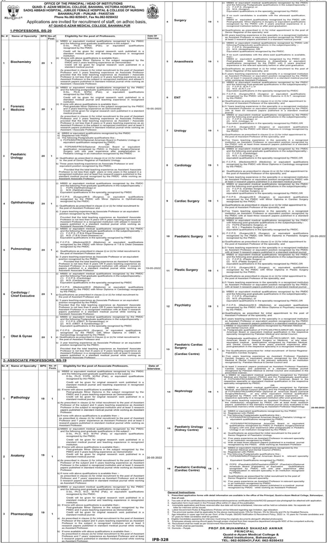 Faculty Staff Jobs At Quaid e Azam Medical College 2022